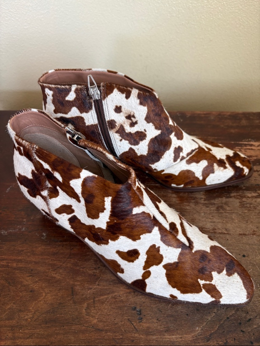 BRAND NEW. Dolce Vita Cowhide-Print Ankle Booties in Brown and White